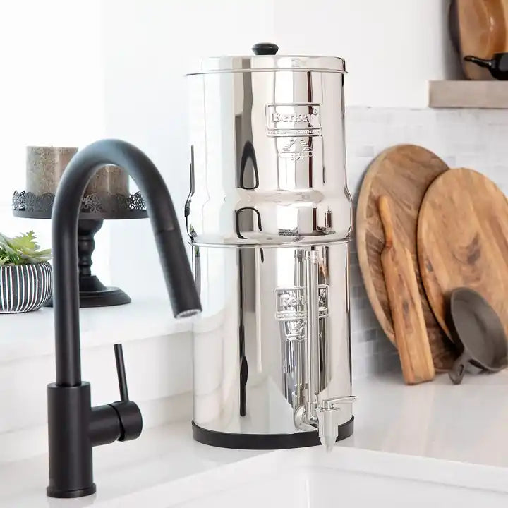 Big Berkey water filter on a white kitchen counter